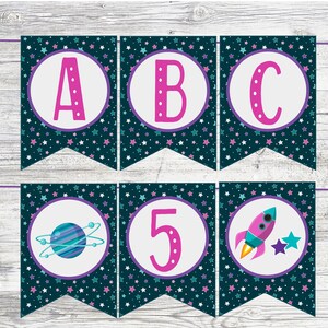 Pink Space Party Banner. Printable Banner Package w/ Full Alphabet, Happy Birthday, Rockets, Planets. Instant Digital Download. Spacetacular
