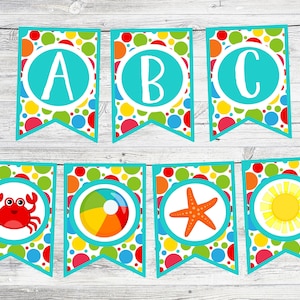 Printable Beach Party Banner Pack with Alphabet, Ages, Happy Birthday, Fun In The Sun Banners.  Instant Digital Download. Beach Ball, Crab