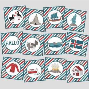 Gioco di memoria/abbinamento o toppers cupcake stampabili dell'Islanda. Download digitale istantaneo. Gioco di viaggio in Islanda per bambini.