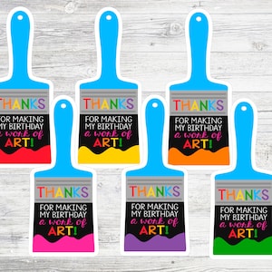 Farbe Pinsel Art Party Favor Tags zum Ausdrucken.  Sofortiger digitaler Download-Dateien. Vielen Dank, dass Sie meinen Geburtstag zu einem Kunstwerk gemacht haben.