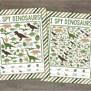 Dinosaur I Spy Printable Games. 5 Different Sheets Easier to Harder. Instant Digital Download. Green & Brown Dinosaur I Spy For Dino Party