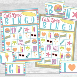 Ensemble de jeu de bingo imprimable Cali Love Surfer Girl ! Jeu de 12 cartes avec cartes de visite. Surf, Californie, bingo sur la plage. Fichiers à téléchargement numérique instantané.