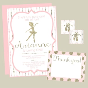 Invitation au premier anniversaire du ballet mignon Tutu. Invitation d'anniversaire de ballet rose et or. Numérique, imprimable, personnalisé.