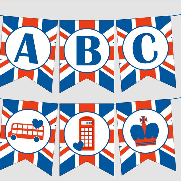 Printable Union Jack Banner with FULL ALPHABET, Numbers, London Calling. Instant Digital Download. UK Flag, England, Great Britain