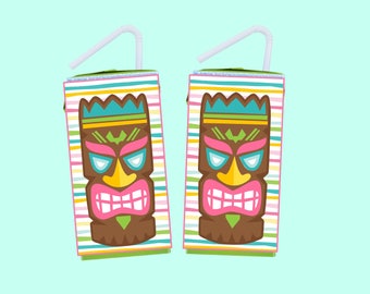May include: Two colorful juice boxes with a tiki mask design. The boxes have a straw sticking out of the top and are decorated with stripes of pink, green, yellow, and blue.