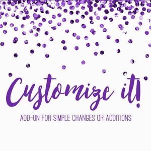 Op de afbeelding: Paarse confetti valt van de bovenkant van de afbeelding, met de tekst "Customize it!" in paarse schrijfletters eronder. De tekst "ADD-ON FOR SIMPLE CHANGES OR ADDITIONS" staat in kleinere paarse tekst onder de schrijfletters.