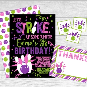 Invitación imprimible para fiesta de bolos. ¡A jugar bolos! Invitación de cumpleaños personalizada, imprimible y digital.