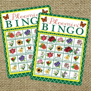 Juego de bingo de lujo Bloomin' Bingo Flower con 36 cartas. Descarga digital instantánea. Incluye: 36 tarjetas de juego, tarjetas de visita y hoja de llamadas. club de jardineria