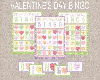 Be My Valentine BINGO Game. Conversation Heart BINGO. Includes 12 Game Cards, 60 Calling Cards, & 1 Call Sheet. Instant Digital Download
