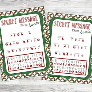 Hojas imprimibles con códigos de mensajes secretos de Papá Noel. Descarga digital instantánea con 4 opciones de códigos. Actividad de descifrado de códigos navideños.