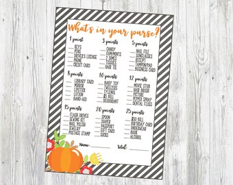 What's In Your Purse, Pumpkin Baby Shower Game or  Fall Bridal Shower Game. Little Pumpkin, Fall, Autumn Shower.  Instant Digital Download