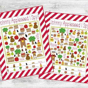 Johnny Appleseed I Spy Printable Games. 5 Different Sheets Easier to Harder. Instant Digital Download. Johnny Appleseed School Activity