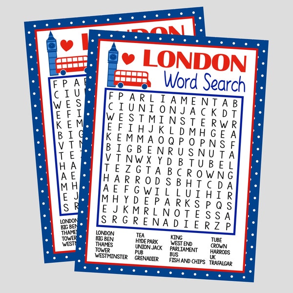 Printable London Word Search. Word Search for London, England Party, Travel, Trip Game, or Lesson Plan. Instant Digital Download Files.