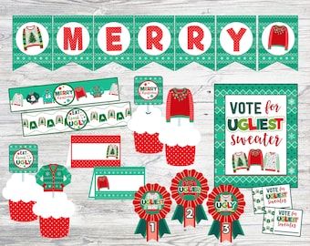 Puede incluir: Un conjunto de decoraciones navideñas con temática de suéter feo. Incluye una pancarta que dice "MERRY", adornos para cupcakes, tarjetas de lugar, rosetas y un letrero que dice "Vote for Ugliest Sweater". La combinación de colores es rojo, verde y blanco.