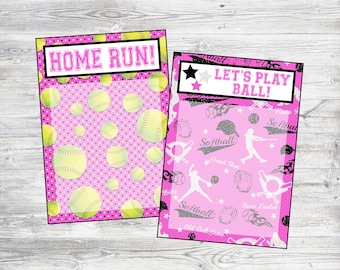 Tarjetas de galletas de softbol. Descarga digital instantánea. Tarjetas de galletas de béisbol, jonrones, deportes y empaques de galletas en 2 diseños. rosa y negro