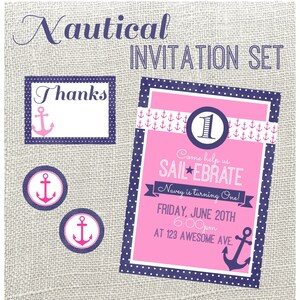 Pink and Navy Nautical Invitation Set. Includes Personalized Invitation, Thank You Card, and Envelope Seals- Digitial Files