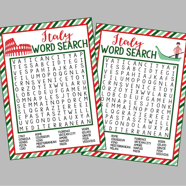 Printable Italy Word Search. Word Search for Italy Party, Travel, Trip Game, or Lesson Plan. Instant Digital Download Files.