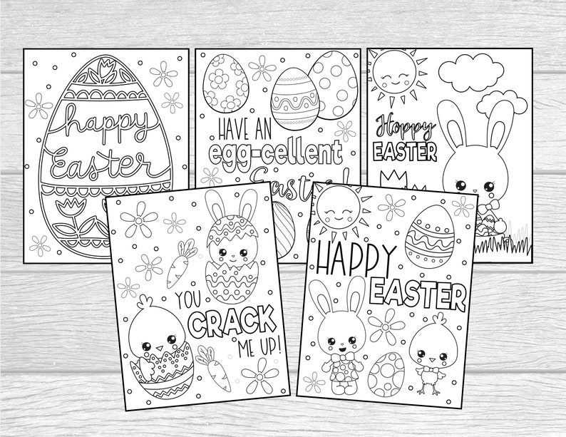 May include: Five black and white printable colouring pages featuring Easter-themed illustrations. The pages include bunnies, chicks, eggs, carrots, and the text "Happy Easter".