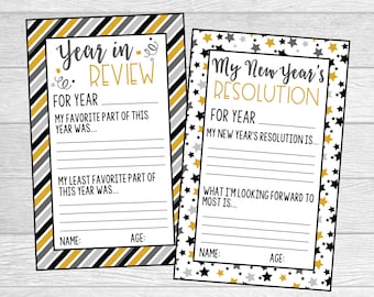 Printable New Year's Resolution and Year in Review Cards. Instant Digital Download File.