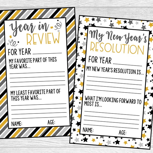 Printable New Year's Resolution and Year in Review Cards. Instant Digital Download File.