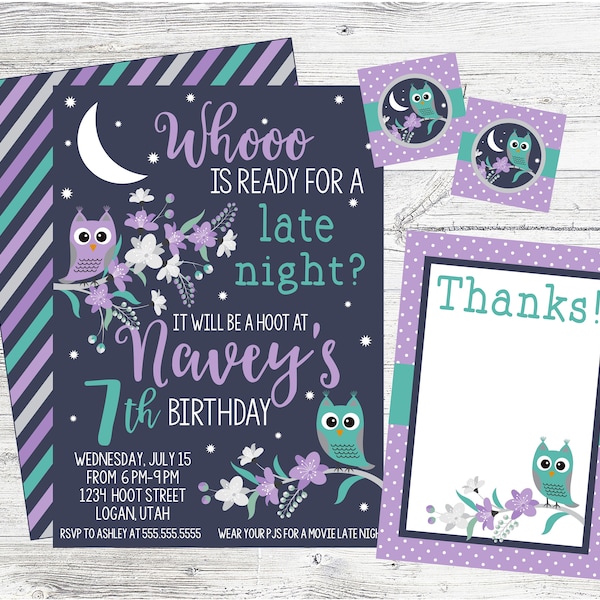 Night Owl Invitation Set For Slumber Party, Pajama Party, Or Late Night Party. Personalized/Printable/Digital Invitation.