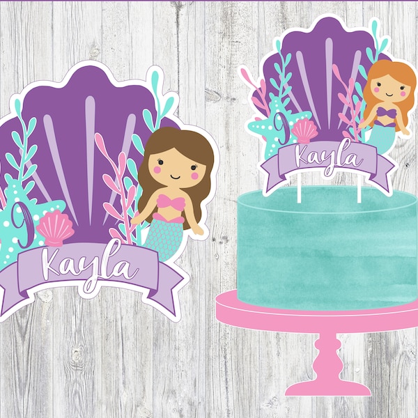 Printable Mermaid Cake Topper. Personalized Cake Topper for Mermaid Party. Digital File Printable Topper.