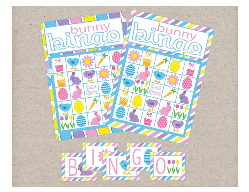 May include: Two blue and white bunny bingo cards with a yellow, pink, and purple striped border. The cards have images of bunnies, chicks, eggs, flowers, and baskets. There are five letter tiles that spell out "bingo" with the same design as the cards.