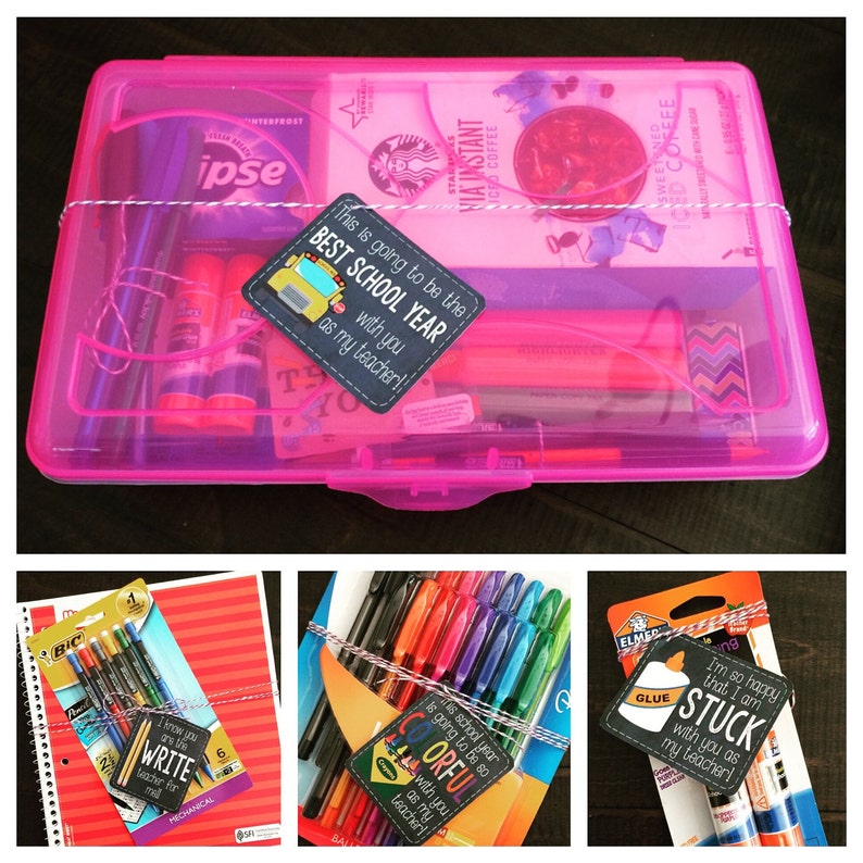 May include: Three gift baskets for teachers with school supplies, coffee, and a handwritten tag. The tags say "This is going to be the best school year with you as my teacher!"  "This school year is going to be so colorful with you as my teacher!" and "I'm so happy that I am stuck with you as my teacher!"