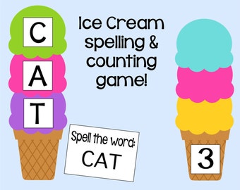 Ice Cream Spelling and Counting Game. Instant Digital Download. Perfect for Preschool, Kindergarten, Homeschooling. Fun Summer Lessons