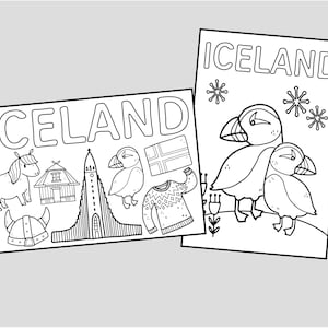 Carte da colorare stampabili dell'Islanda. Disegni da colorare di viaggio in Islanda, cartoline, attività per bambini. Download digitale istantaneo.