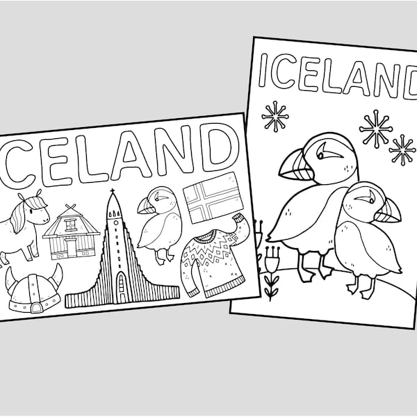 Printable Iceland Coloring Cards. Iceland Travel Coloring Pages, Postcards, Activities for kids. Instant Digital Download.