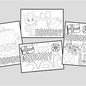 Cartes à colorier imprimables sur la Norvège. Norvège : pages à colorier, cartes postales, activités pour les enfants. Téléchargement numérique instantané.