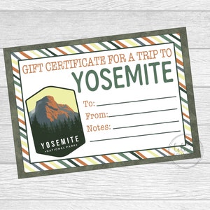 Printable Gift Certificate For A Trip To Yosemite, California. Vacation Gift Certificate. Instant Digital Download.