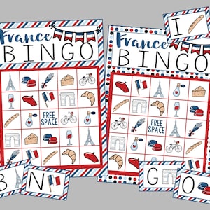 Druckbares Frankreich Bingo Spiel. Frankreich Bingo Set mit 12 Karten für Paris oder French Party, Reisen oder Klassenaktivität. Sofortiger digitaler Download-Dateien.