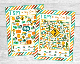 I Spy On My Road Trip Printable Games. 5 Different Sheets Easier to Harder. Instant Digital Download. Travel Games For Kids.