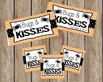Bugs & Kisses Gift Tags Bag Toppers. Instant Digital Download. Halloween Party Favor, Printable Halloween Gift Tags. Black  Orange Halloween