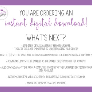 Può includere: Una grafica viola e bianca con il testo 'lilacs & CHARCOAL' in un cerchio. Il testo 'YOU ARE ORDERING AN instant digital download!' è in lettere grandi e in grassetto. Il testo 'WHAT'S NEXT?' è in lettere grandi e in grassetto. Il testo sotto spiega che il file digitale sarà disponibile per il download dal tuo account Etsy dopo il pagamento. Il testo spiega anche che un link di download verrà inviato all'indirizzo email elencato sul tuo account Etsy. Il testo spiega anche che il file può essere scaricato in qualsiasi momento da un computer andando alla sezione acquisti del tuo account Etsy. Il testo spiega anche che non verrà spedito nulla di fisico. Il testo spiega anche che qualsiasi domanda può essere inviata tramite messaggio.