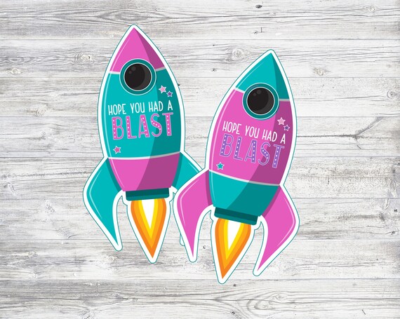 Space Party Favor Tags. Pink & Blue Hope You Had A Blast Rocket.