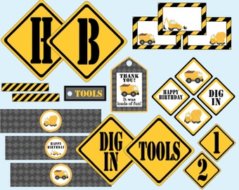 May include: Construction party printable decorations with yellow and black signs featuring the letters "H" and "B", the words "Happy Birthday", "Dig In", "Tools", and numbers "1" and "2".