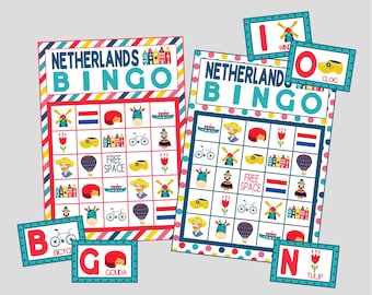Printable Netherlands Bingo Game. 12 Card Bingo Game Set for Netherlands Party, Travel, or Class Lesson. Instant Digital Download Files.