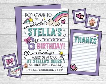 May include: Purple and teal birthday invitation with a rainbow, stars, and a bow. The invitation says "Pop over to celebrate Stella's 6th Birthday!" and includes the date, time, and location of the party. RSVP information is also included.