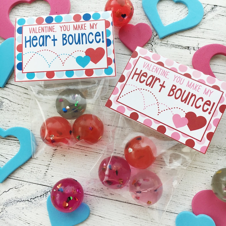 PRINTABLE Valentine, You Make My Heart Bounce Bag Toppers for Bouncy Ball Valentine. Instant Digital Download. Blue & Pink Options image 1