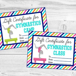 Ausdruckbare Geschenkgutscheine für Gymnastik-Unterricht oder Gymnastik-Camp. Sofortiger digitaler Download.