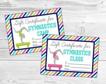 May include: Two colourful gift certificates for gymnastics camp and gymnastics class. Each certificate features a cartoon gymnast on a balance beam and has lines for the recipient's name, the giver's name, and notes.