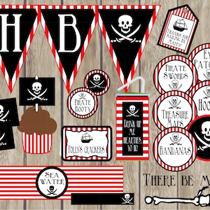 Pirate Birthday Party Package. Instant Digital Download. Incl Pirate Banners, Signs, Cupcake Toppers, Party Favor Tags, Pirate Gear & more!