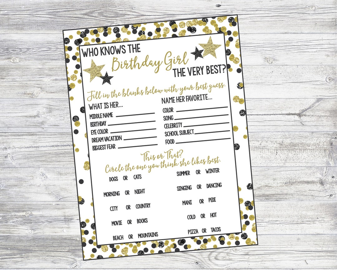 Printable Who Knows the Birthday Girl Best Game Black and Gold Printable Who Knows the Birthday Girl Best Game Black and Gold