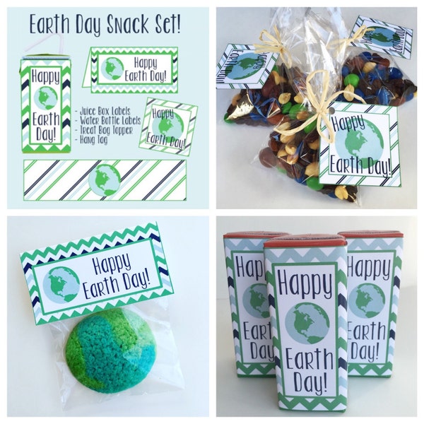 Earth Day Snack Set! Earth Day Party! Treat Bag Topper, Treat Hang Tag, Water Bottle Label, Juice Box Wrapper. Instant Digital Download