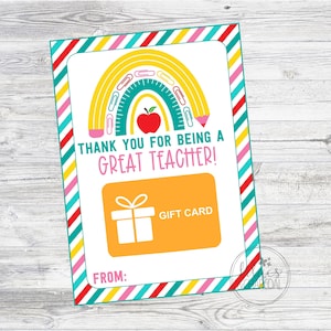 Printable Teacher Appreciation Gift Card Holder. Thank You For Being A Great Teacher. Instant Digital Download File.