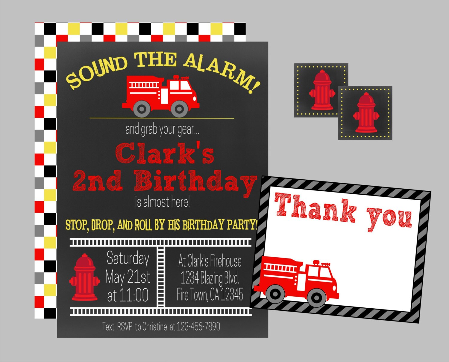 Sound the Alarm Fire Truck Birthday Invitation Package., Fireman,  Firefighter Birthday Invitation, Thank You Card. Digital, Personalized., image size:1500x1207