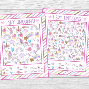 Unicorn I Spy Printable Games. 5 Different Sheets Easier to Harder. Instant Digital Download. Unicorn & Rainbow Party Game.